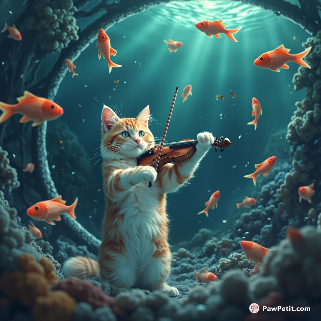 Cat conducting a symphony orchestra in zero gravity, with fishes acting as musical notes.