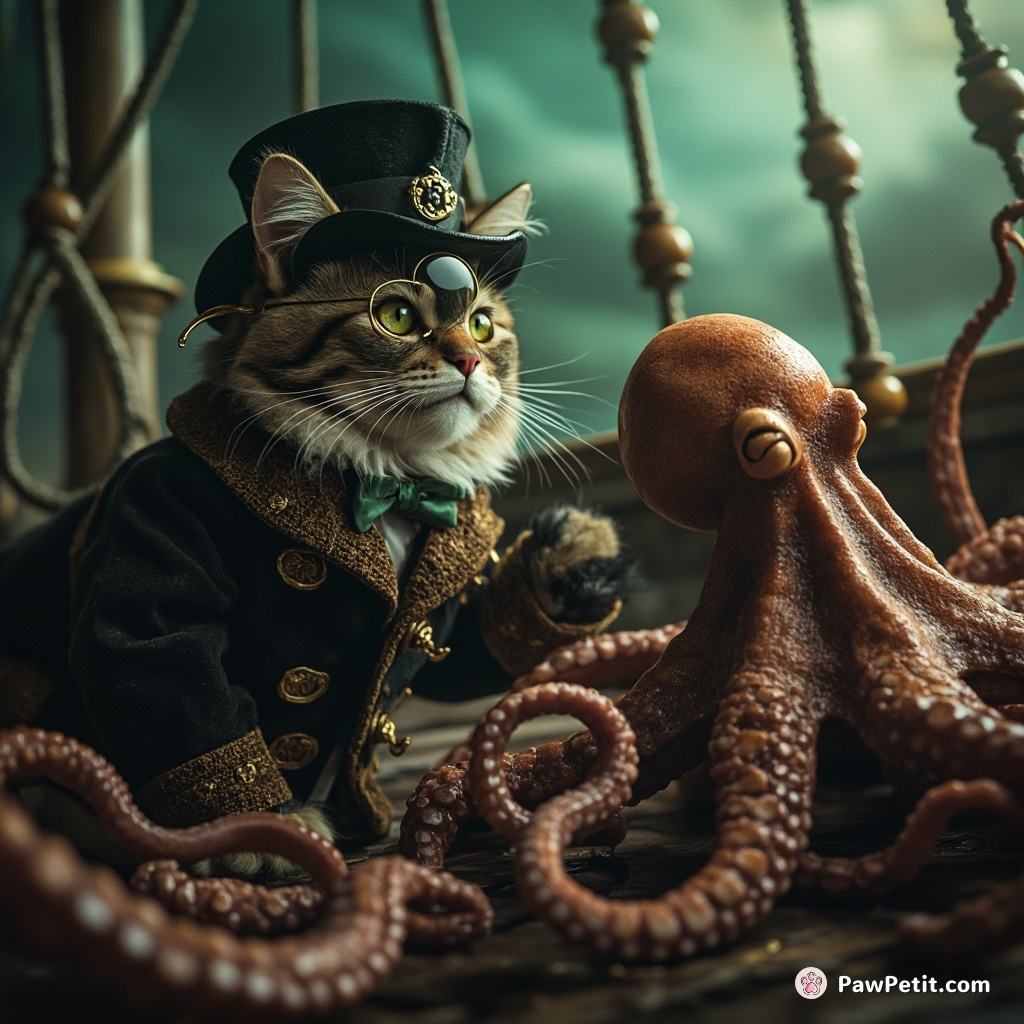 Victorian-era cat with a monocle tea-dueling an octopus on a sunken pirate ship.