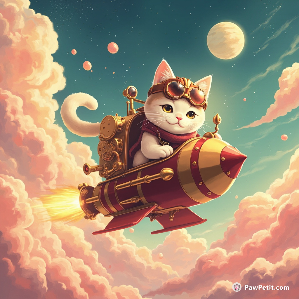 A steampunk cat piloting a flying kettle tea rocketship amid cherry-infused space clouds.