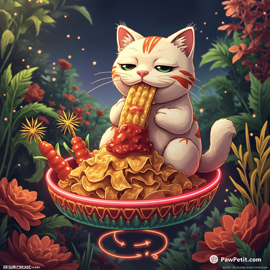 A three-headed cat eating neon nachos on a levitating salsa sombrero in a botanical garden of musical plants.