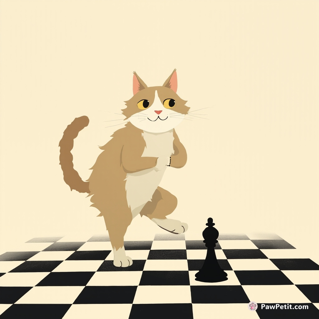 The cat confidently struts across a chessboard, purring with the belief it can outwit any grandmaster.