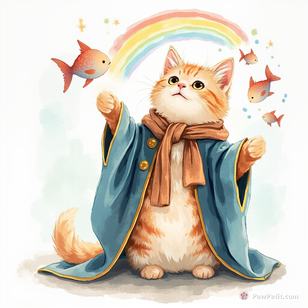Cat decked out in Lord of the Rings-style wizard robe, casting a rainbow spell to summon floating fish.