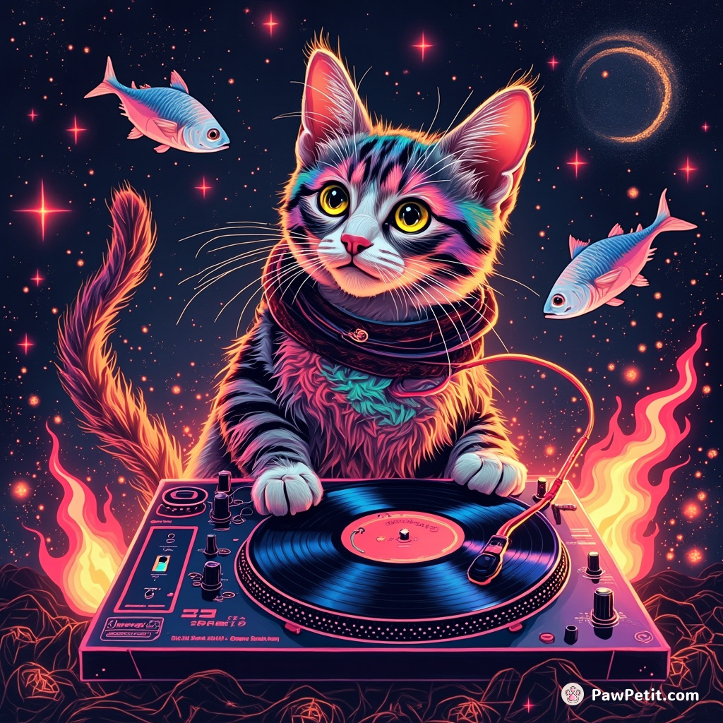 A psychedelic cat DJ remixing vinyl records with its tail on a flaming turntable, surrounded by neon tuna fish summoned by mystic spells.