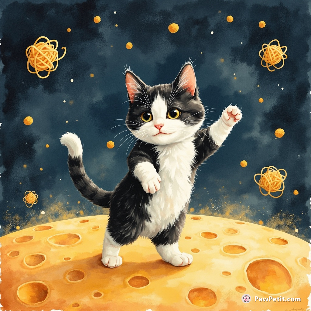 A black-and-white cat tap dancing on the surface of a cheese moon, with spaghetti asteroids showering around.