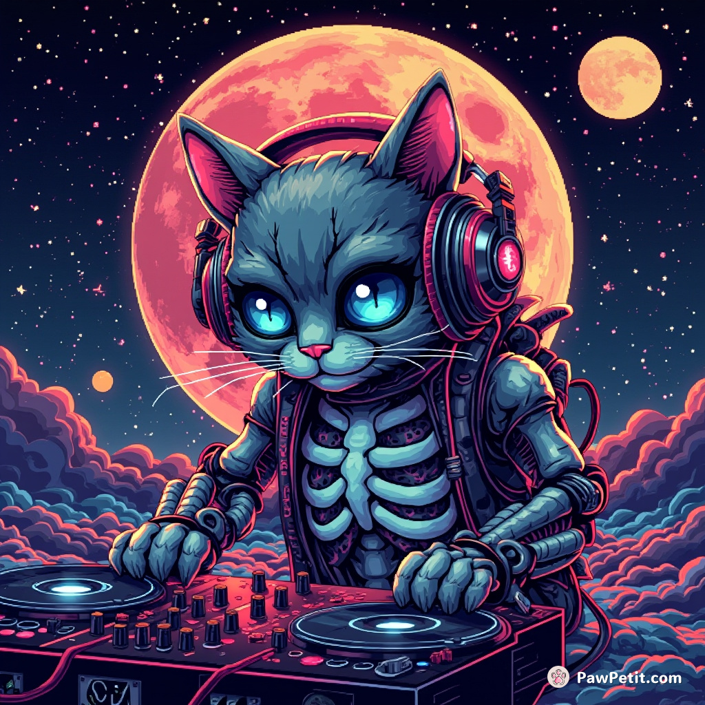 Cybernetic cat DJing on the moon with headphones made of fish skeletons.