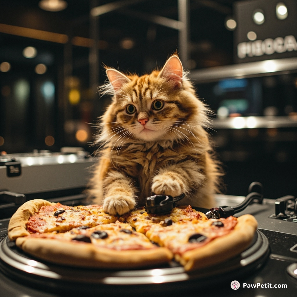 A cat DJ-ing on a turntable made of pizzas in zero gravity.