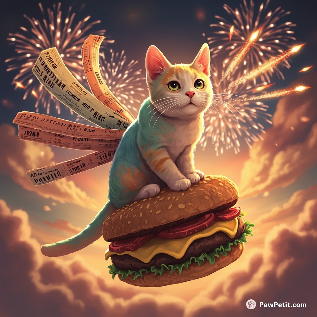 Color-changing chameleon cat sitting atop a floating grilled cheese sandwich, sprouting wings made of carnival tickets while sneezing out sequences of lit fireworks.