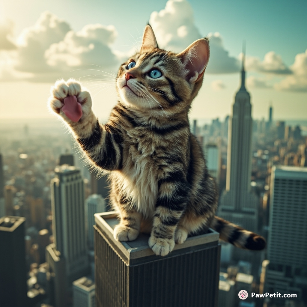 Cat perches atop a skyscraper, convinced it can solve climate change by licking its paw.