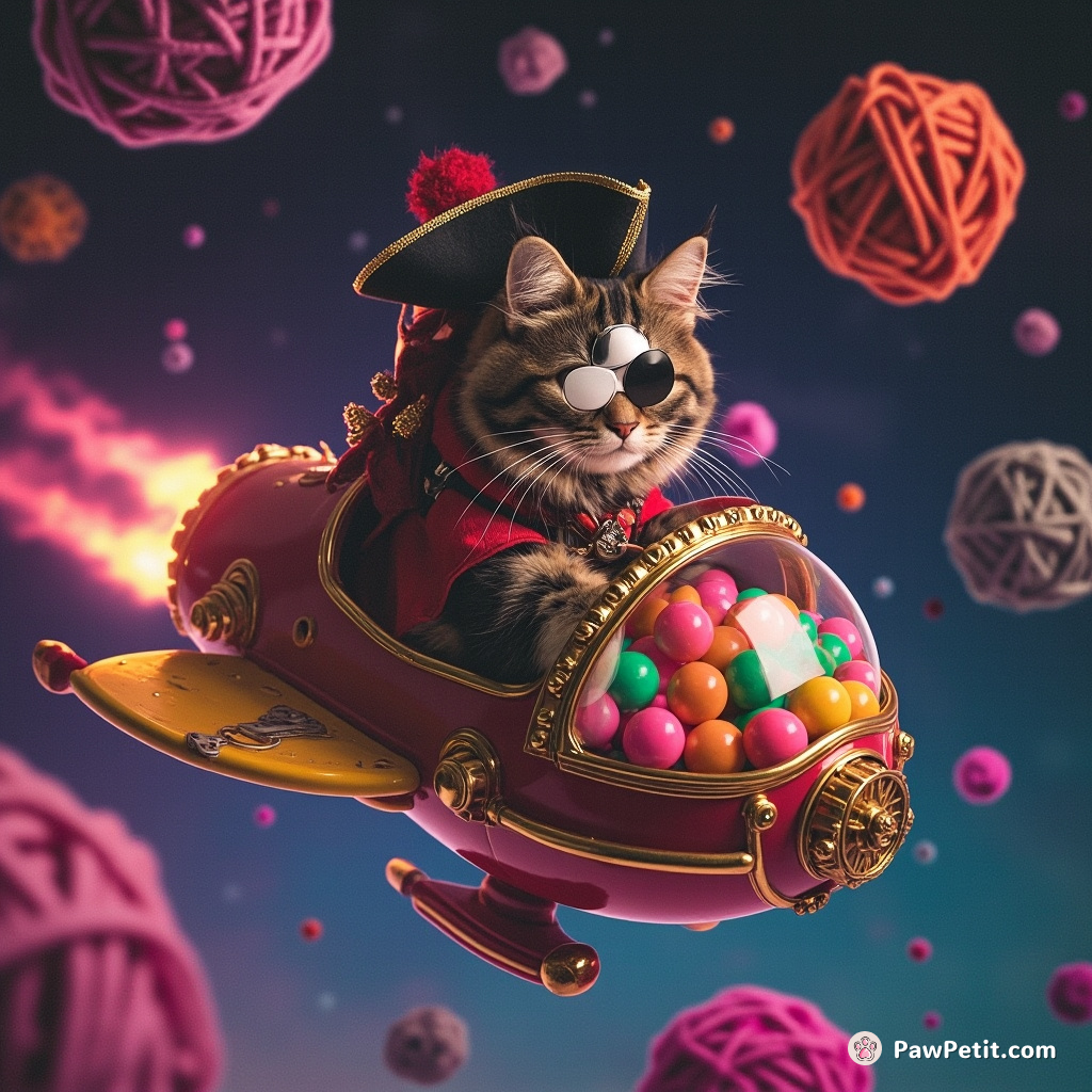 A one-eyed pirate cat steering a gumball machine spaceship through a galaxy of yarn asteroids.