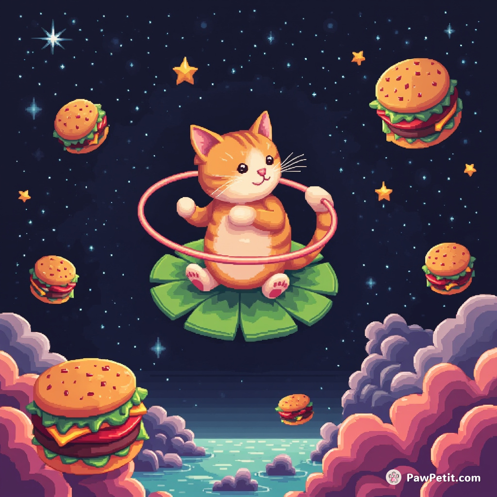 A cat hula hooping on a lily pad floating in space, surrounded by hamburgers.