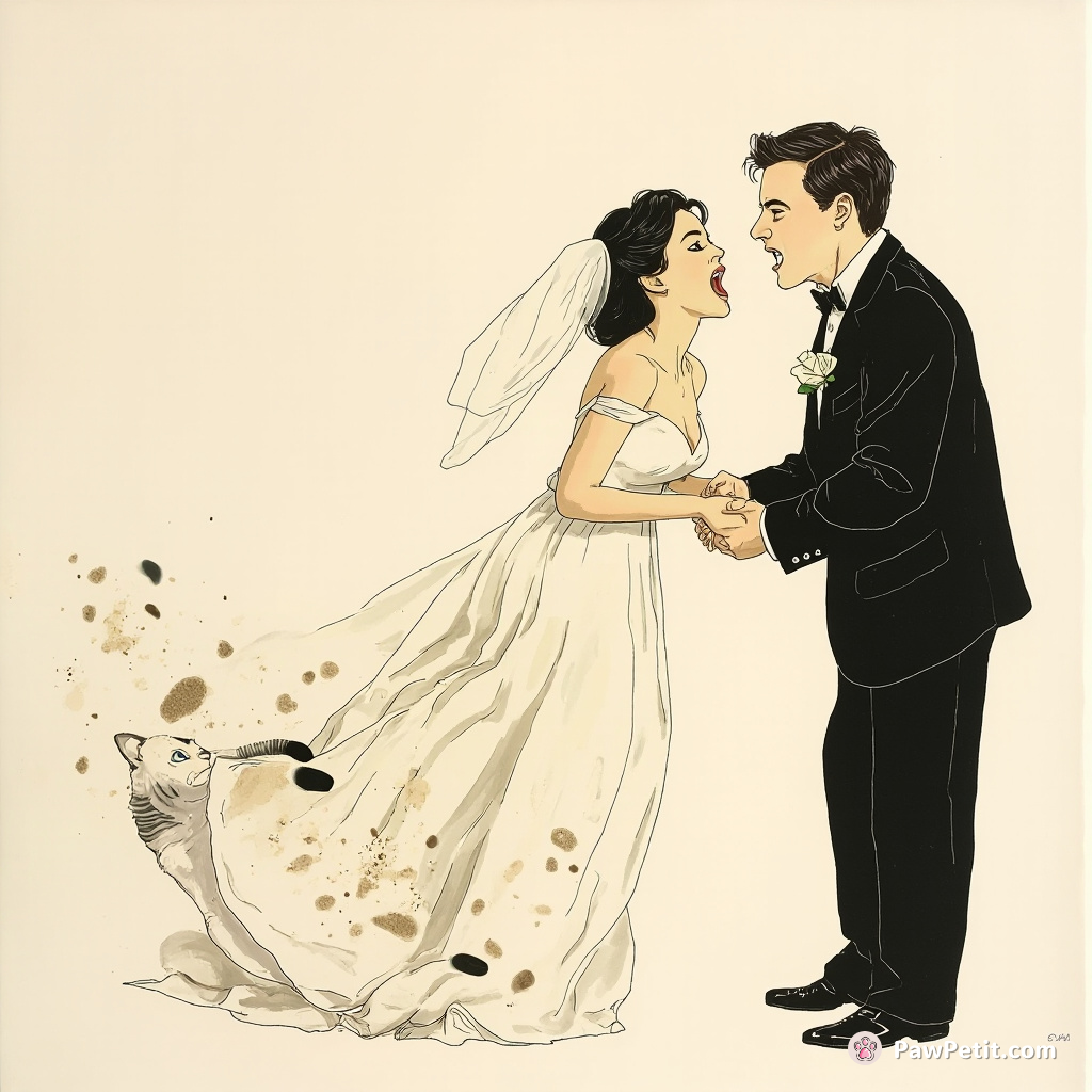 Cat gatecrashes formal wedding, scrambles up silk-clad bride mid-vow, inciting array of horrified gasps and chaotic laughter.
