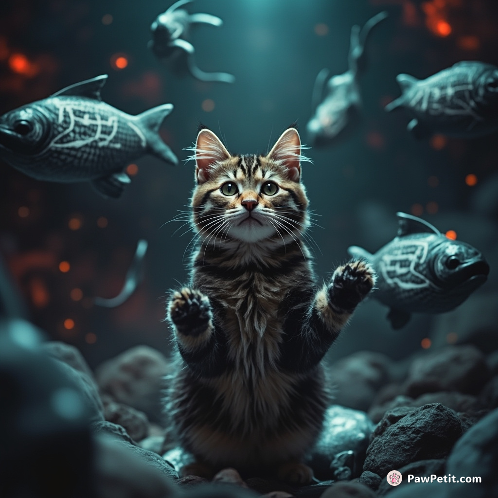 A tabby cat giving a TED Talk on quantum physics in zero gravity, surrounded by floating fish-shaped blackboards chalked with complex equations.