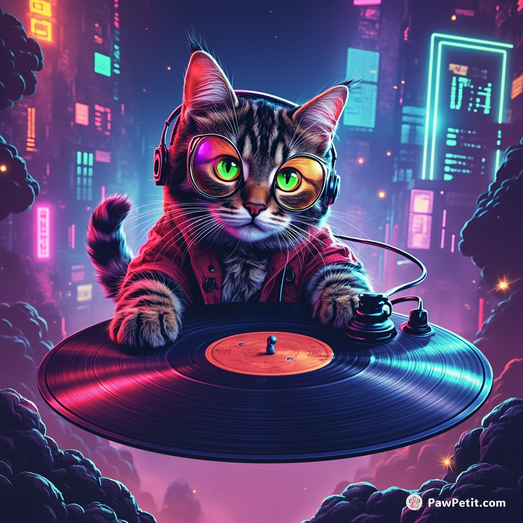 A psychedelic cat DJing on a floating vinyl record over a neon cyberpunk city.