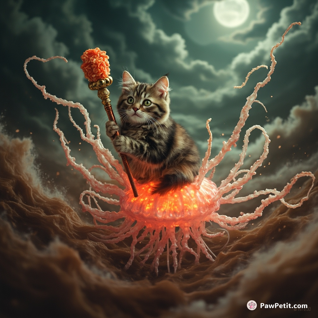 Calico cat riding a fluorescent jellyfish through a stormy chocolate sea, wielding a majestic scepter of sushi.