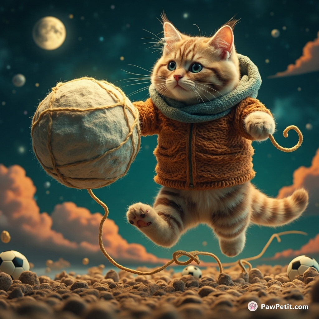 Giant cat using a moon-sized ball of yarn as a meteor to play intergalactic soccer.