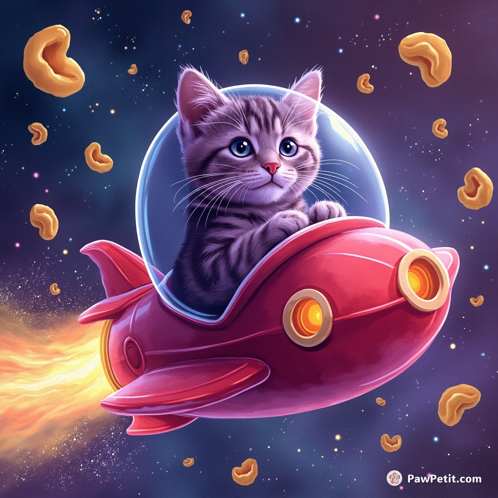 A purple neon cat piloting a cherry red spaceship through sparkling mac & cheese galaxy.