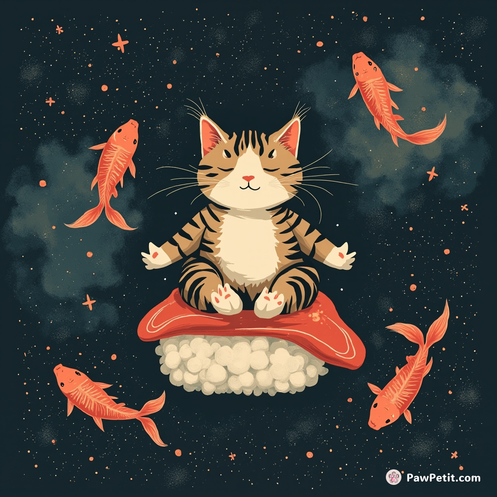 A tabby cat doing yoga on a floating sushi in a nebula-filled space, astral piranhas swim around.