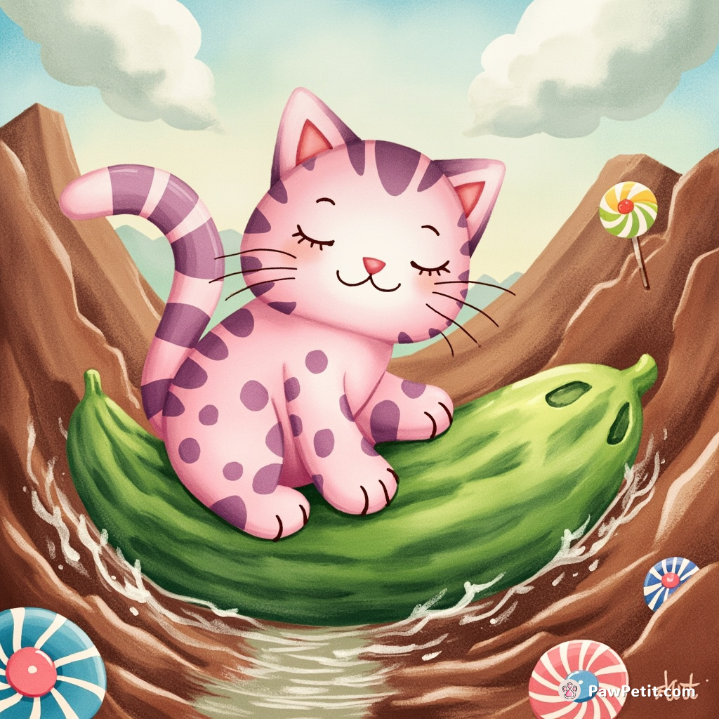 A pink-and-purple polka-dot cat surfing on a giant cucumber down a chocolate river in candyland.