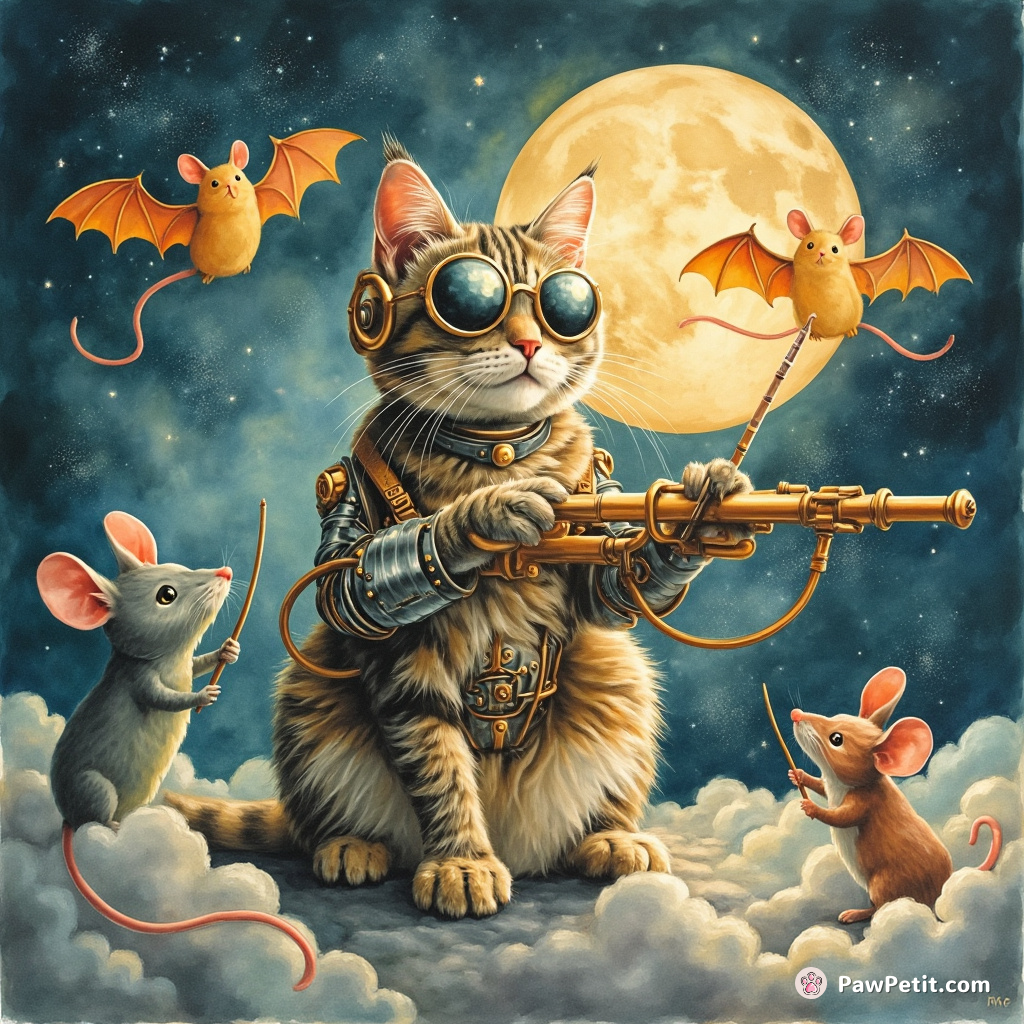 Cyborg cat mind-controlled by intergalactic mice, conducting a full-scale symphony with tangerine bats perched on the moon.