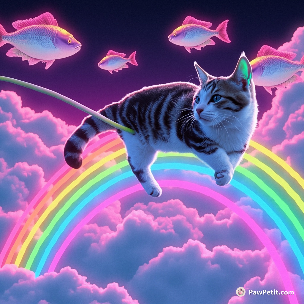Cat pole-vaulting over a rainbow bridge amidst clouds shaped like fish.