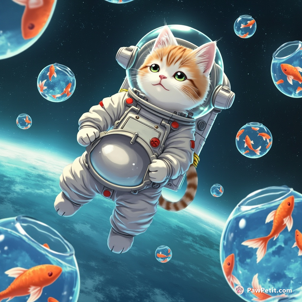 A seasoned astronaut cat floating in zero gravity surrounded by dancing fish bowls, realizing it has misplaced its helmet.