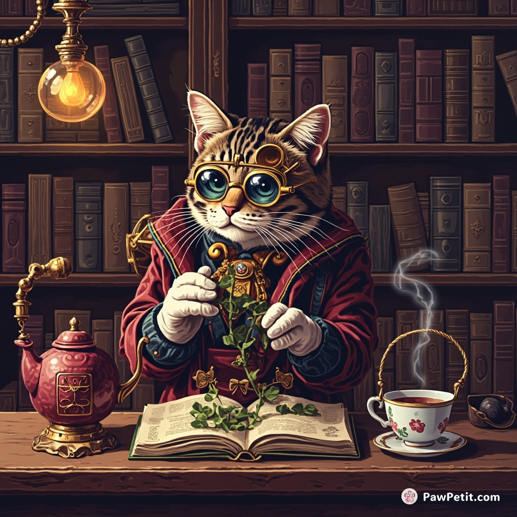 Steampunk cat making tea in a high-tech Victorian library, using book pages as tea leaves.