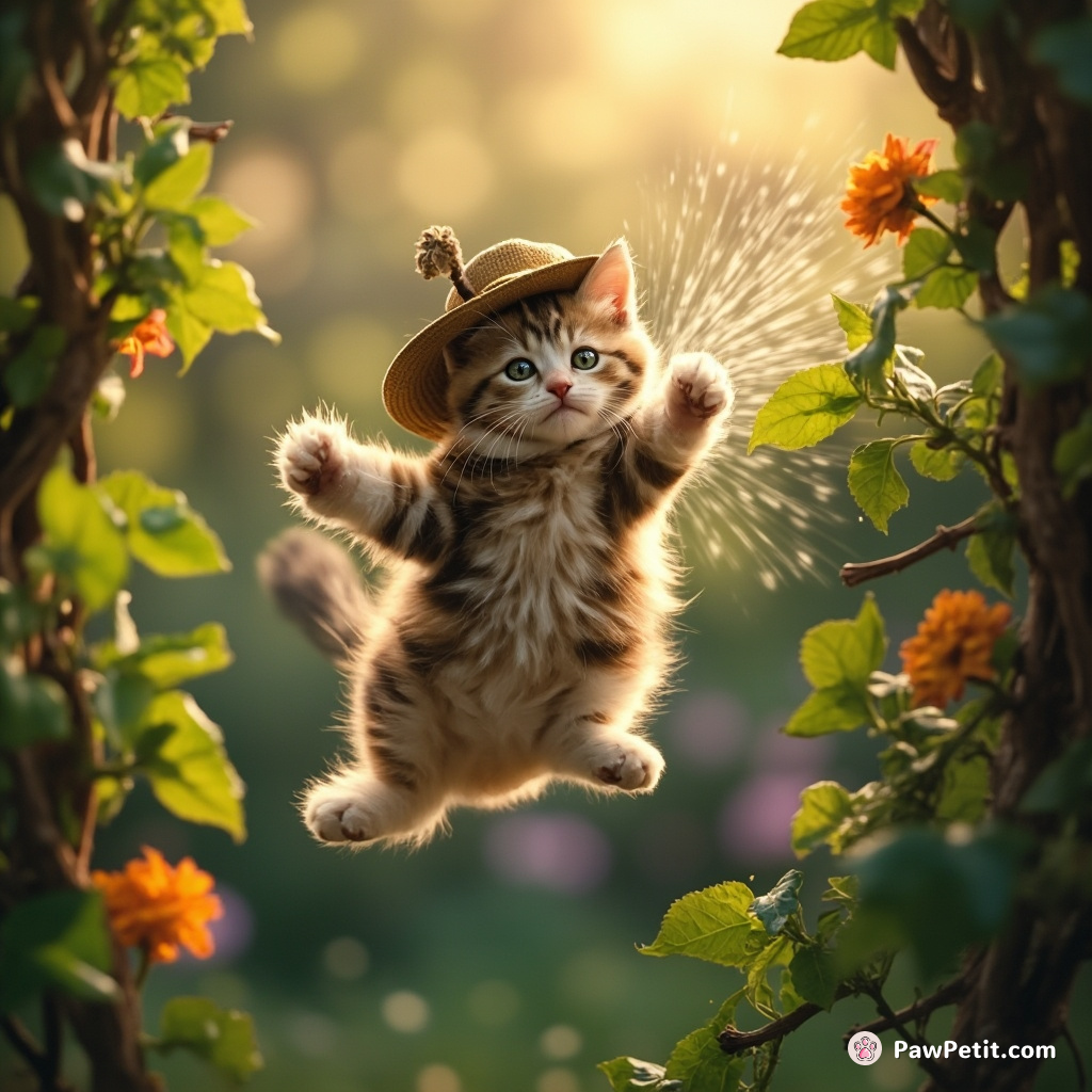 A cat dons a tiny hat, swings on a garden vine, narrowly dodging a sprinkler with a graceful leap.