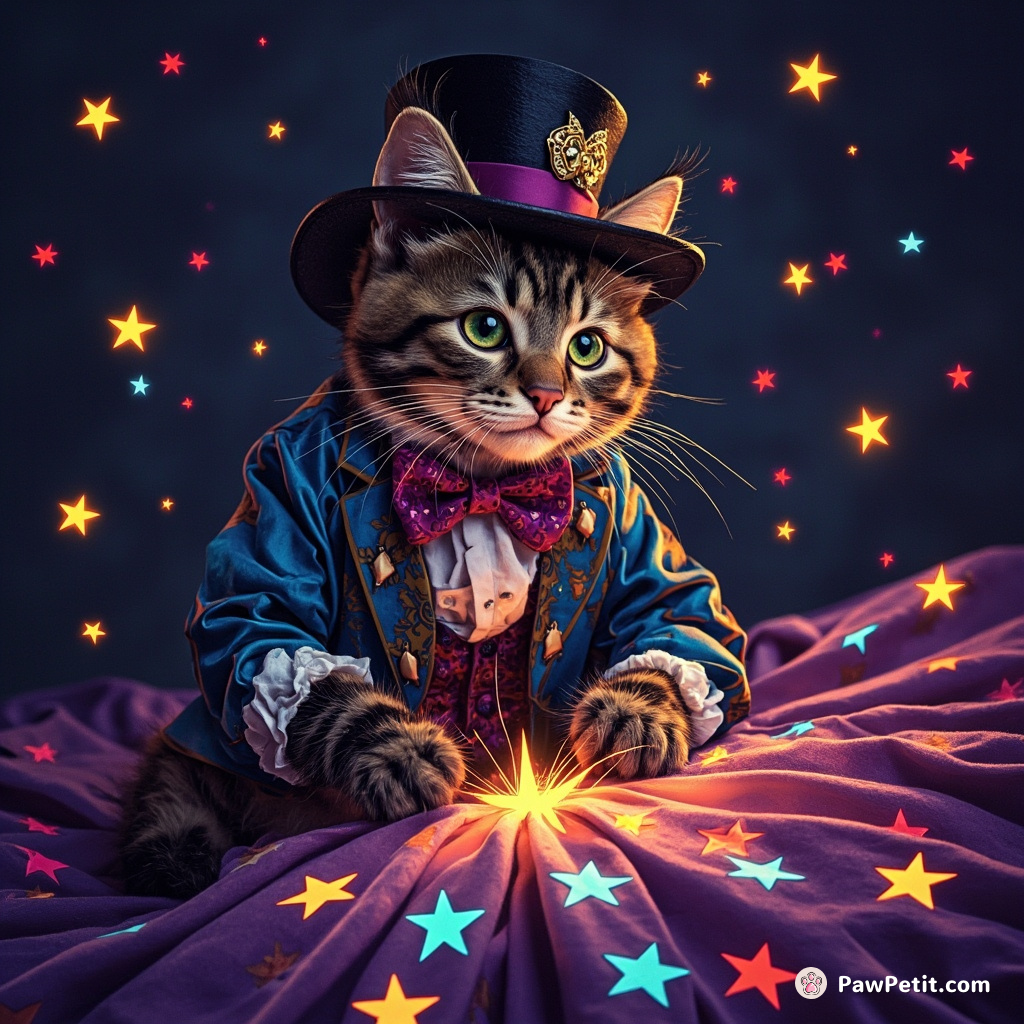 A Victorian-style dandy cat sewing multi-colored, glowing stars onto the fabric of reality.