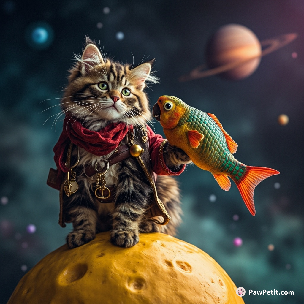 Pirate cat with a parrot-shaped fish on his shoulder, standing on a cheese moon challenging the deep-sea-diver squirrel of Saturn for the gem-filled nebula map.