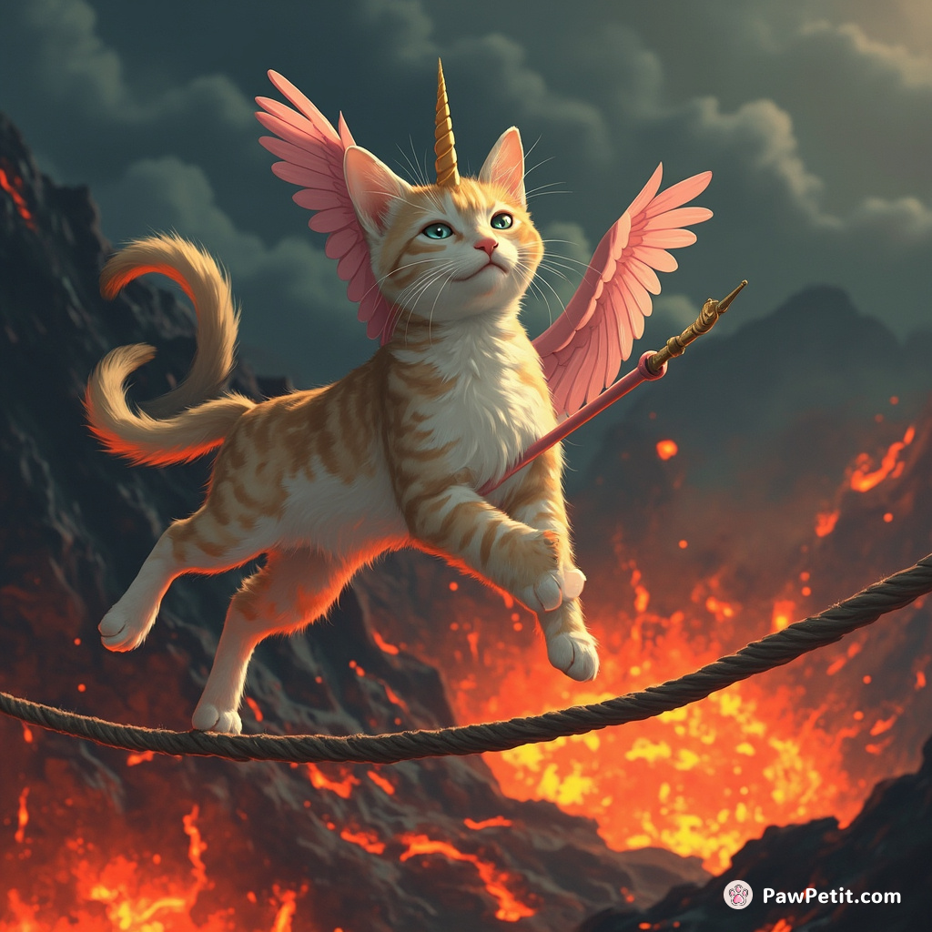 Cat tightrope walking over lava crater with unicorn horn, using flamingo as balancing pole.