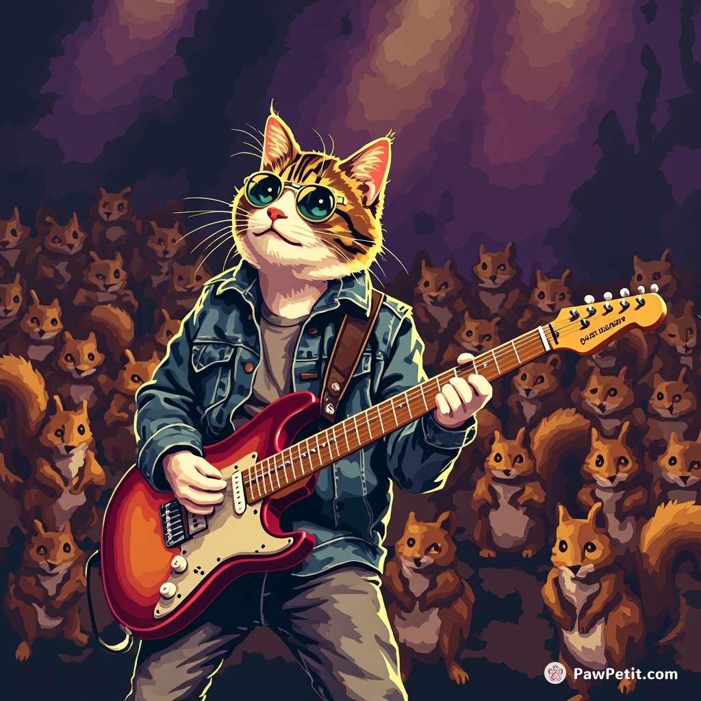 Cat performing a rock concert in front of an avid woodland audience, with squirrels playing electric guitars.
