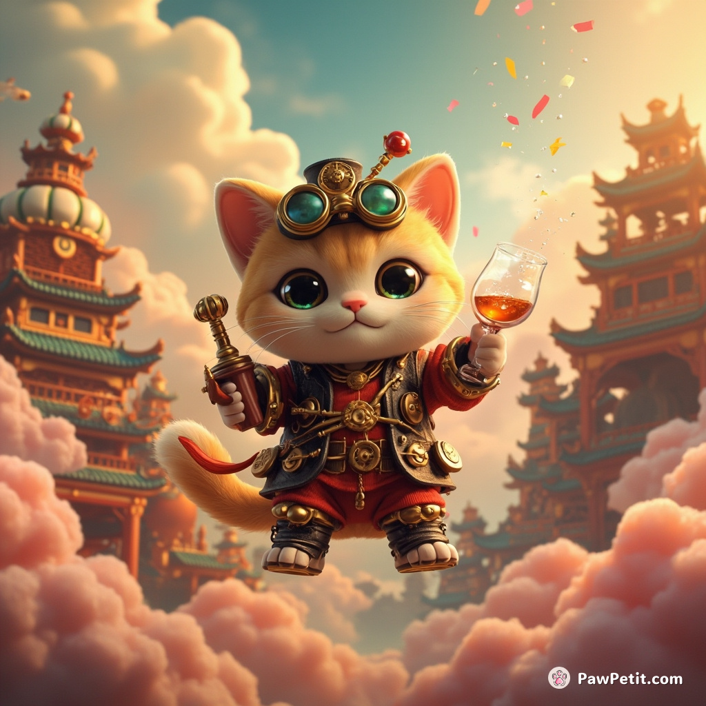 A steampunk cat operating a moonshine distillery in a colorful, floating cloud city.