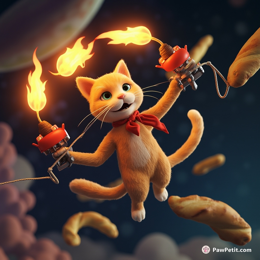 Cat juggling flame-spewing tractors while tap-dancing on a rope tossed between two flying baguettes in space.