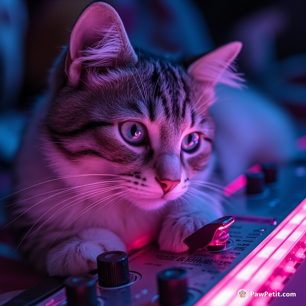 A cosmic tabby, its paw fluidly manipulating astral knobs of the Titan Zeptoscope, opened a parallel universe in liter-box scale.
