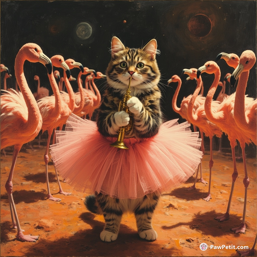Cat conducting an orchestra of flamingos in tutus on Mars.