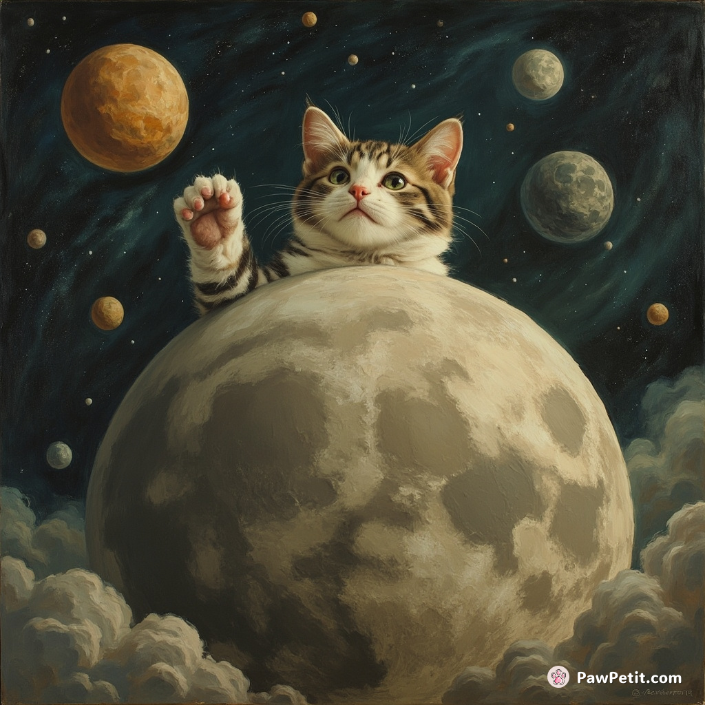 A moon-sized cat, swatting away an asteroid with its oversized paw.