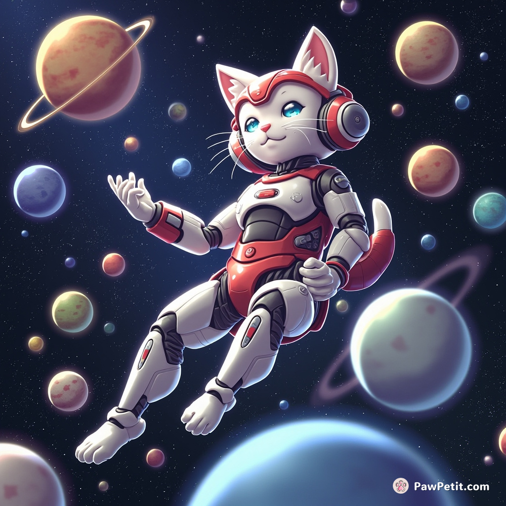 Cybernetic cat arranging miniature planets according to zodiac signs in space.