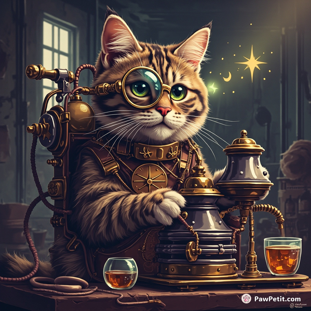Steam-punk cat operating a complex mechanical-tea maker in an abandoned factory with a twinkling star behind its glass monocle.