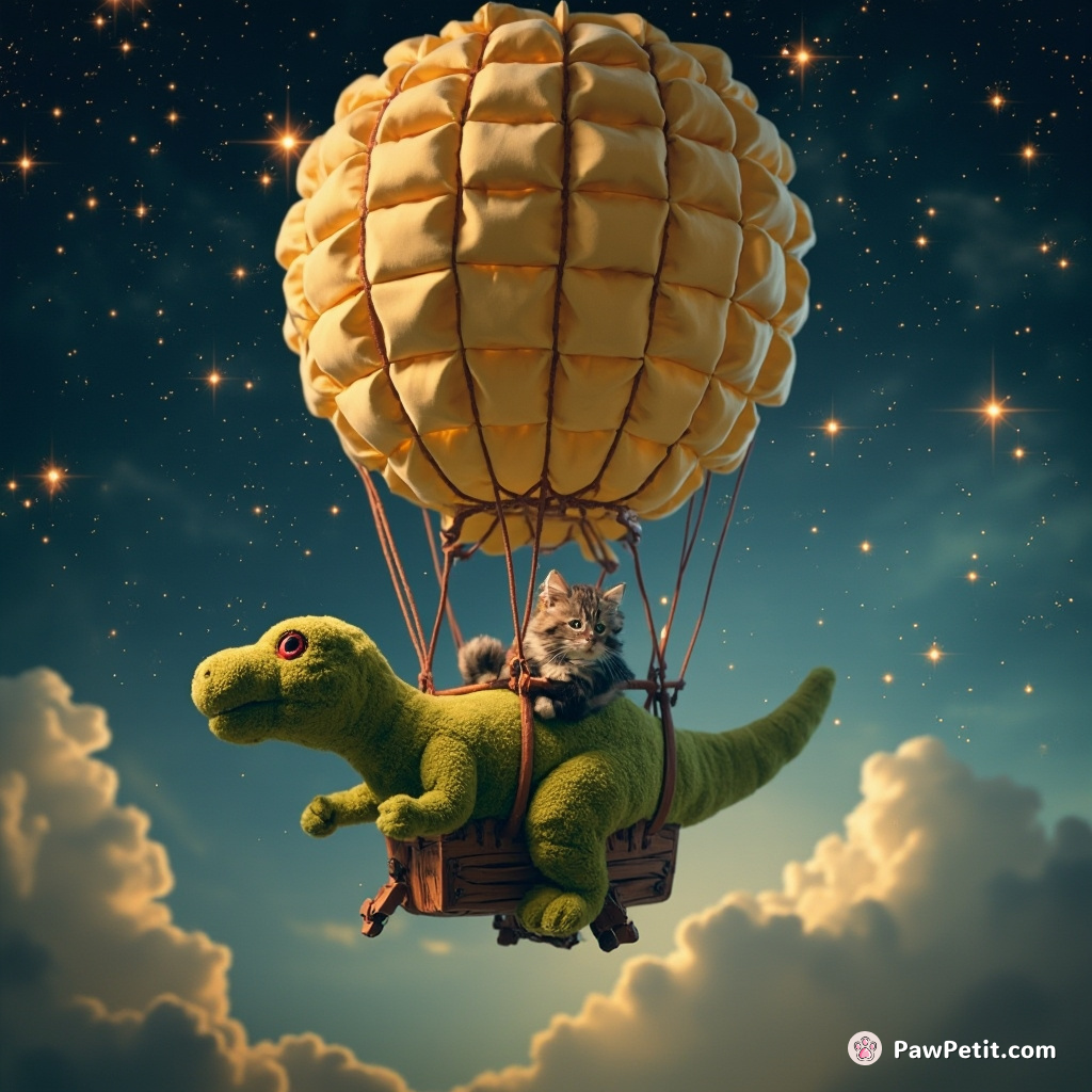 Cat painting patterns of constellations while levitating comfortably in a hot-air balloon re-stitched from toy dinosaur plushies.