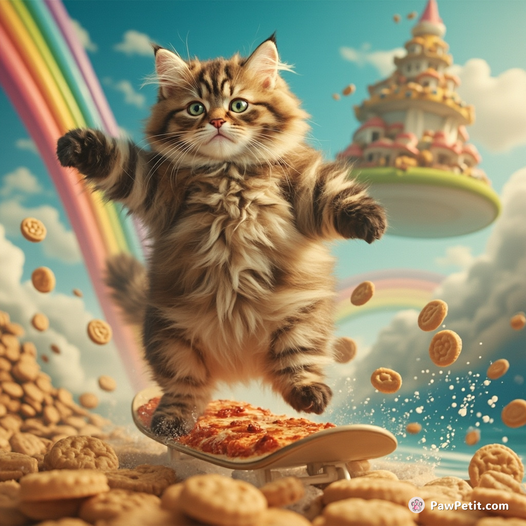 A cat airboarding on pizza slices down a rainbow toward an island made of cookies.