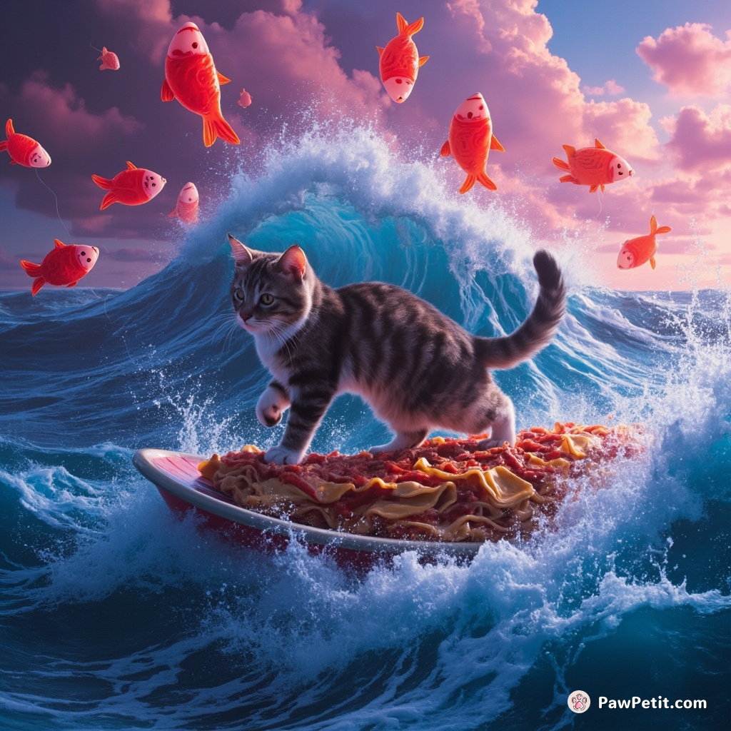 A cat surfing an ocean wave made of lasagna within a storm of fish-shaped balloons.