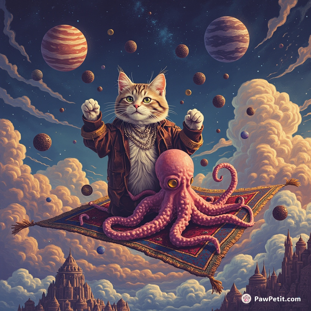 A trans-dimensional cat juggling miniature black holes while doing a tango with an alien octopus on a flying carpet over Atlantis.