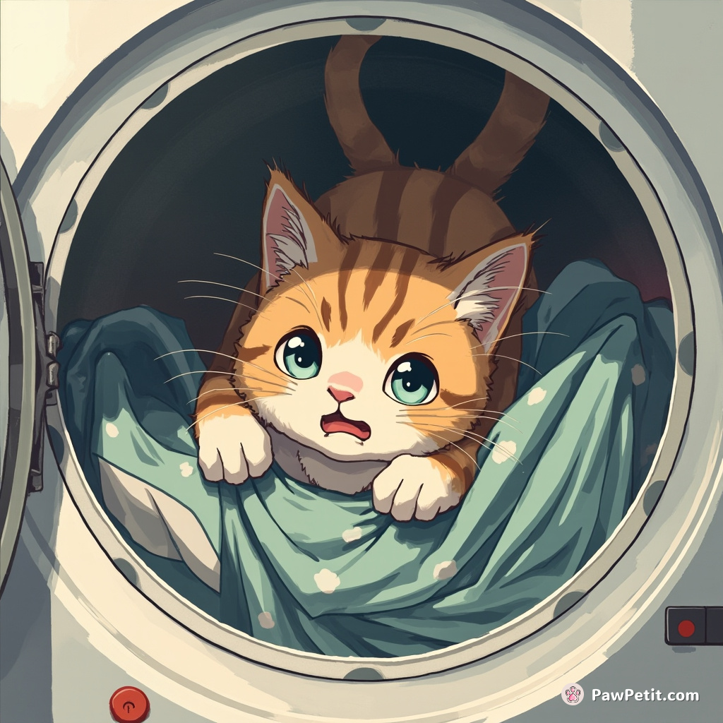 Scrambling desperately, the panicked cat claws her way out of a revolving laundry dryer filled with clothes.
