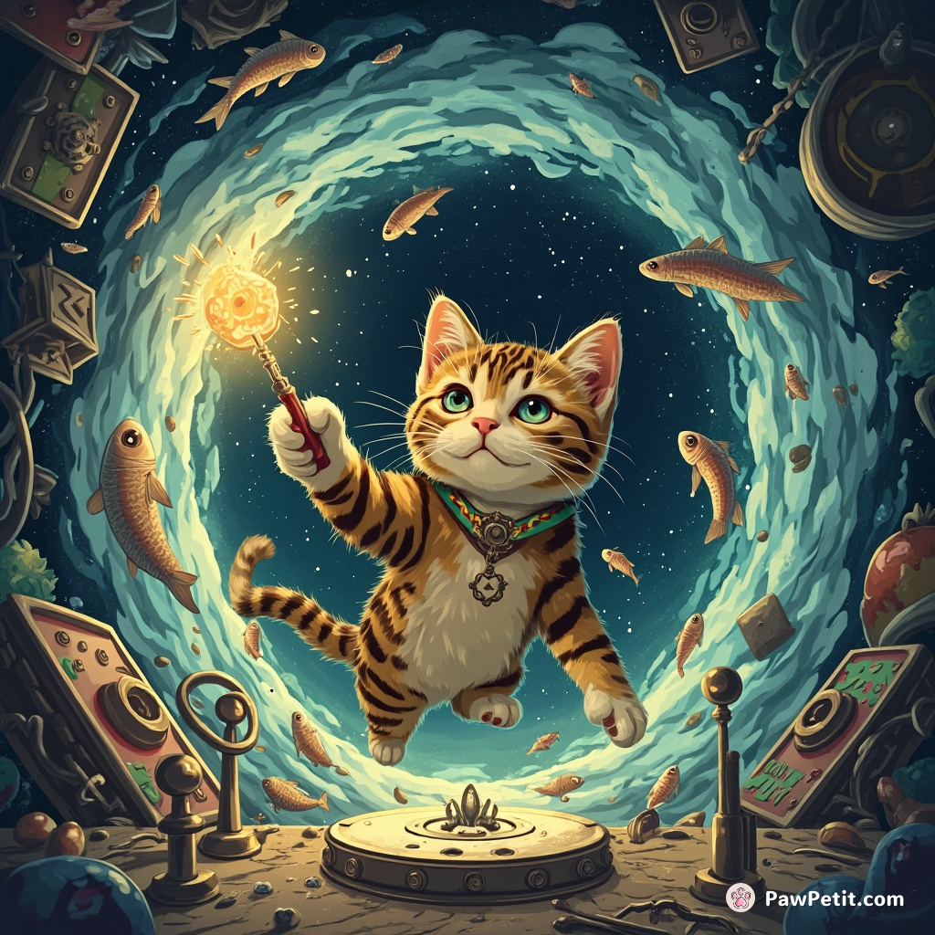 A tabby tumbles through a wormhole portal, teleporting fish from an intergalactic market, with strikes on unfamiliar levers.
