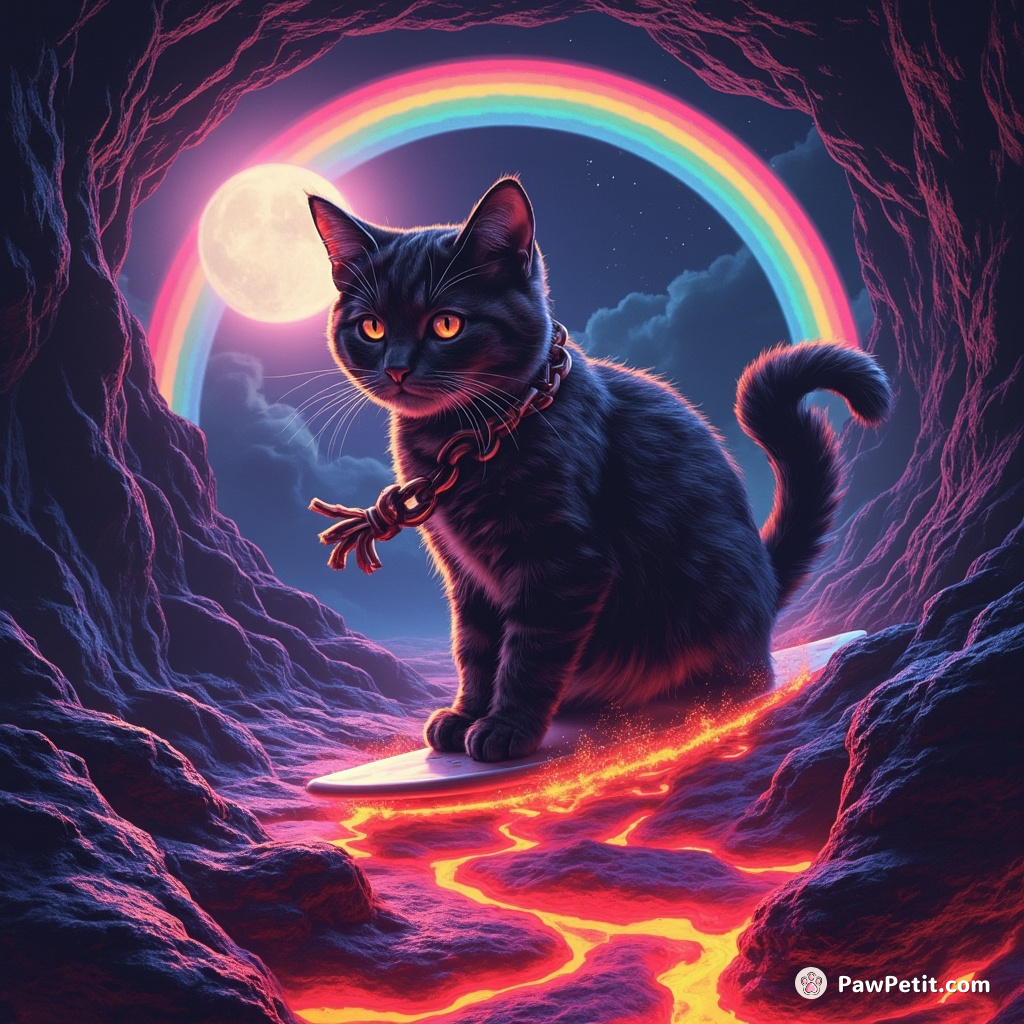 A cat braiding a rainbow with one paw while surfing an underground lava flow by moonlight.