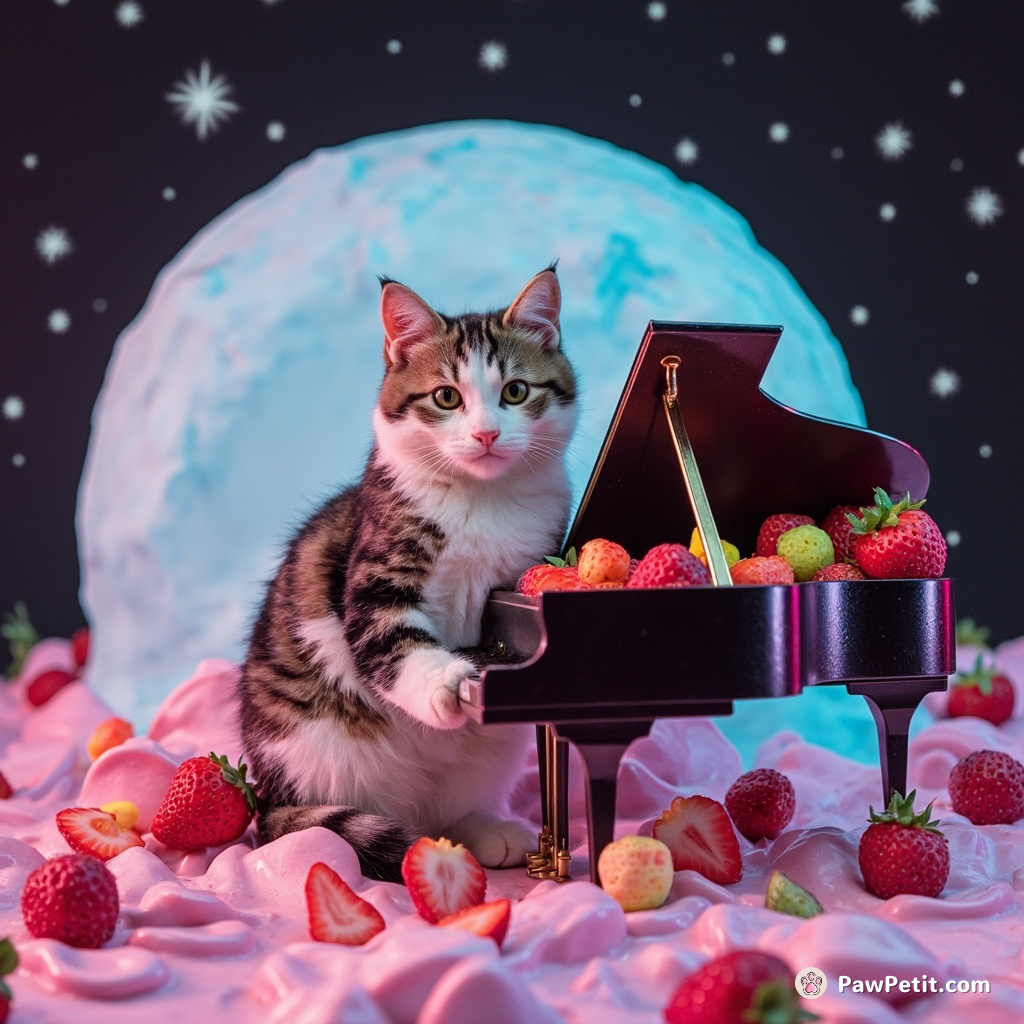 A calico cat playing a tiny grand piano filled with rainbow radishes on a melting ice cream moon.