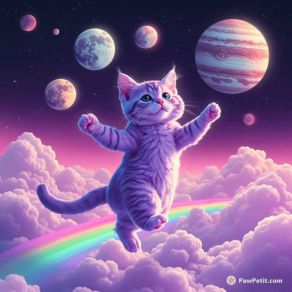 A lavender cat juggling the moons of Jupiter while skipping on a rainbow over an oyster sea.