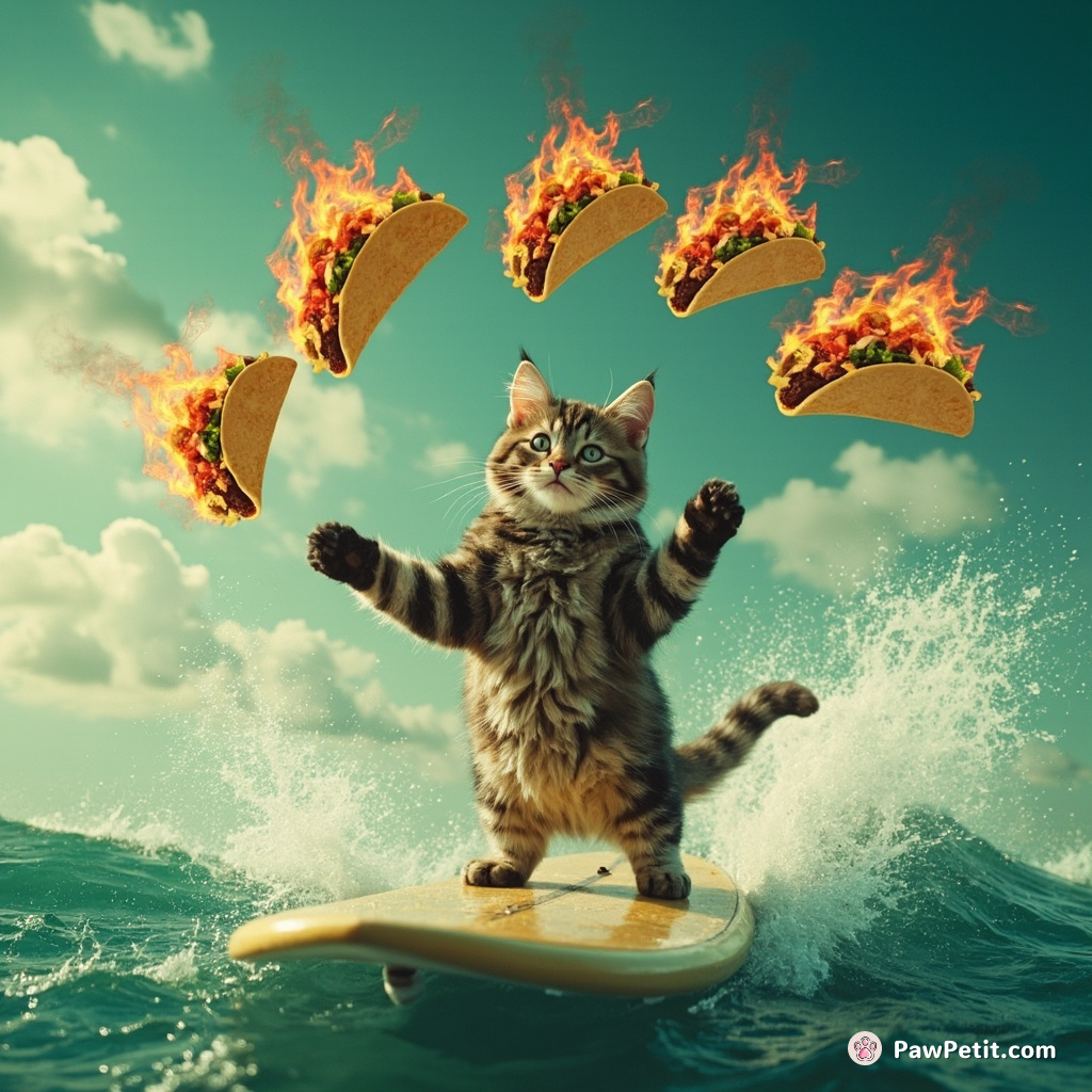 A cat juggling five flaming tacos with one paw on a floating surfboard above a crystal ocean under an emerald sky.