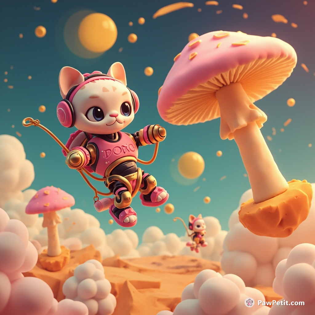 A cyborg cat bungee-jumping off a crystalline mushroom aboard an orbiting cheese moon.