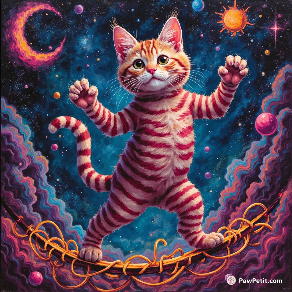 A psychedelic Cheshire cat moon-walking on fifth-dimensional spaghetti strands in a neon-colored galactic cat disco.